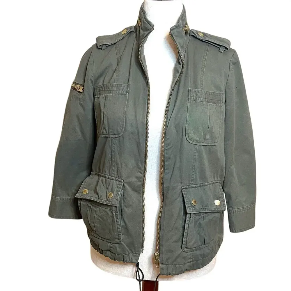Apostrophe utility jacket khaki green cotton fully lined 3/4 sleeve pockets Sz S